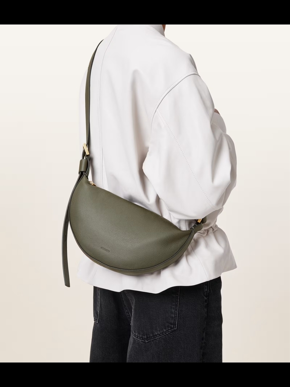 AllSaints Half Moon Leather Crossbody Bag – Olive Military Green Silver Hardware